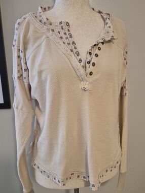 FREE PEOPLE layered Y2K Cream Waffle-Knit Henley Top Floral Patchwork Trim S -L